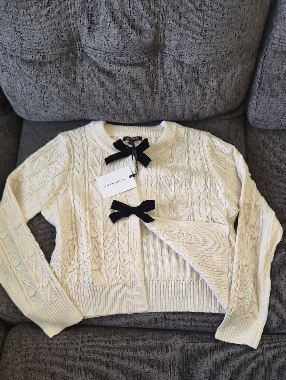 41 Hawthorn Ivory Cable-Knit Crewneck Sweater with Black Bow Details
